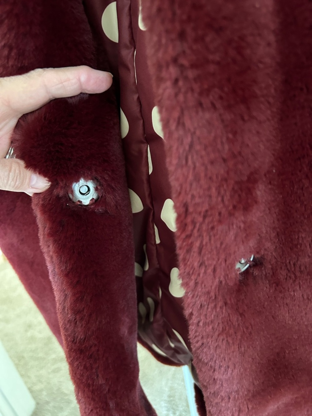 Sam Edelman Burgundy Faux Fur Coat with Black Accents - Picture 8 of 9